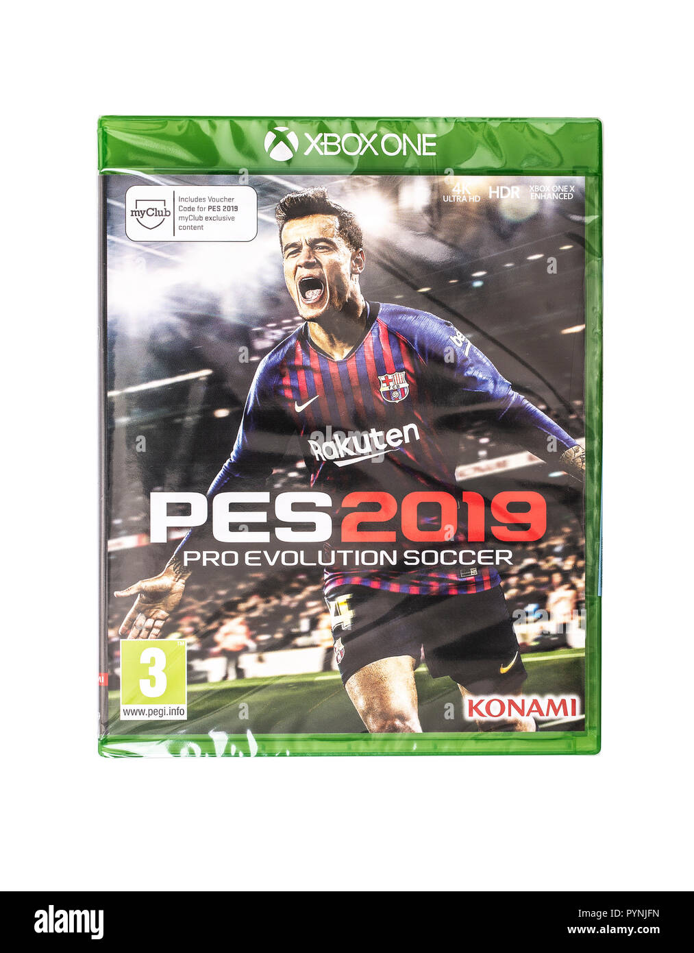 SWINDON, Regno Unito - 28 ottobre 2018: PES 2019 Pro Evolution Soccer gioco per Xbox uno su uno sfondo bianco Foto Stock