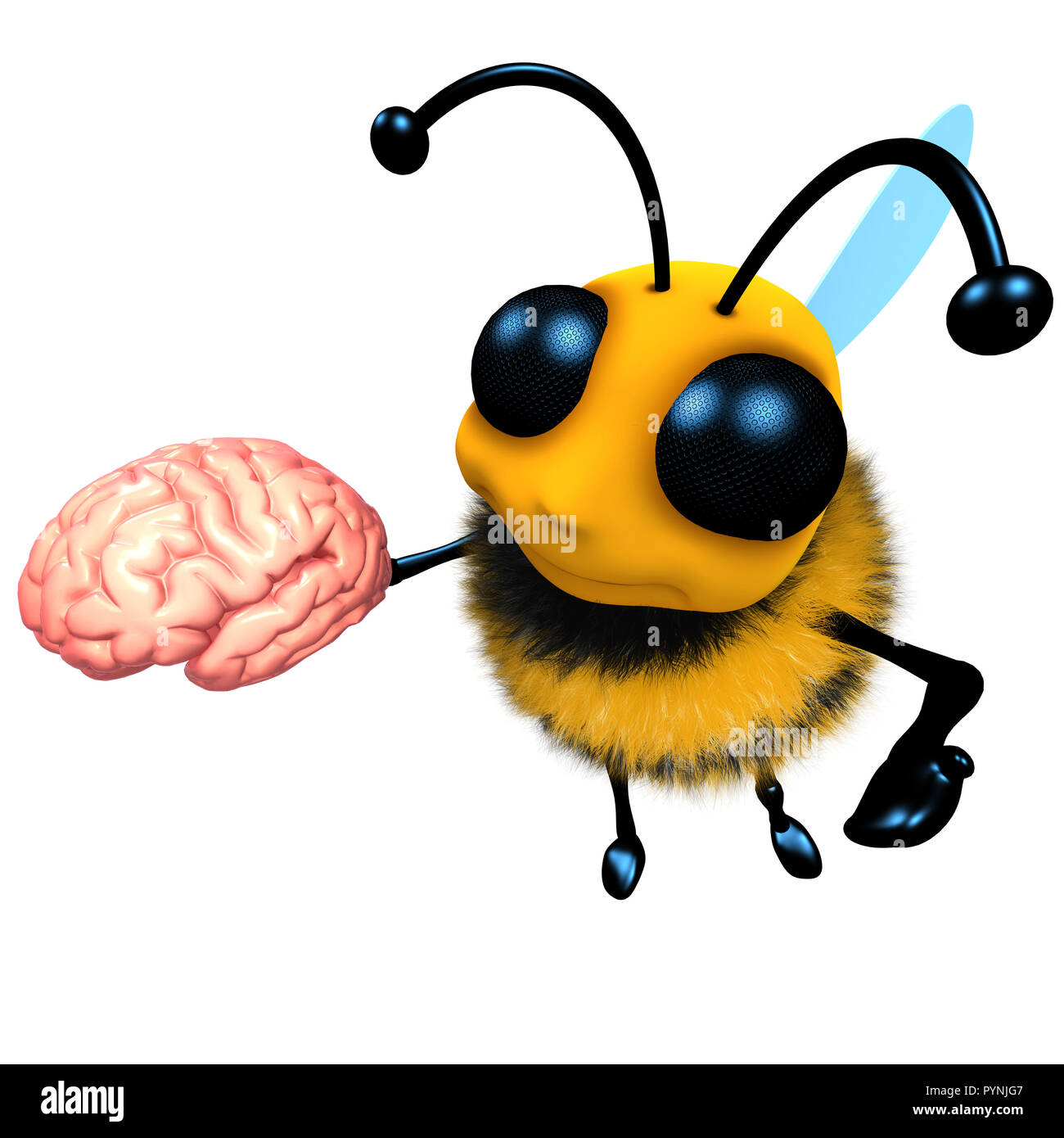 3D render di un simpatico cartoon honey bee carattere tenendo un cervello umano Foto Stock