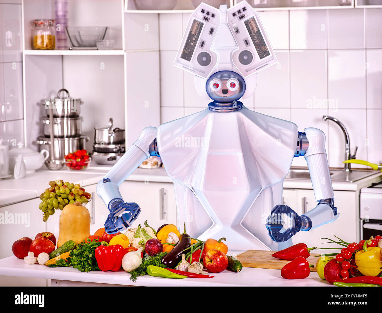 Robot di assistenza domestica cuoco cibo vegetariano in cucina. Foto Stock