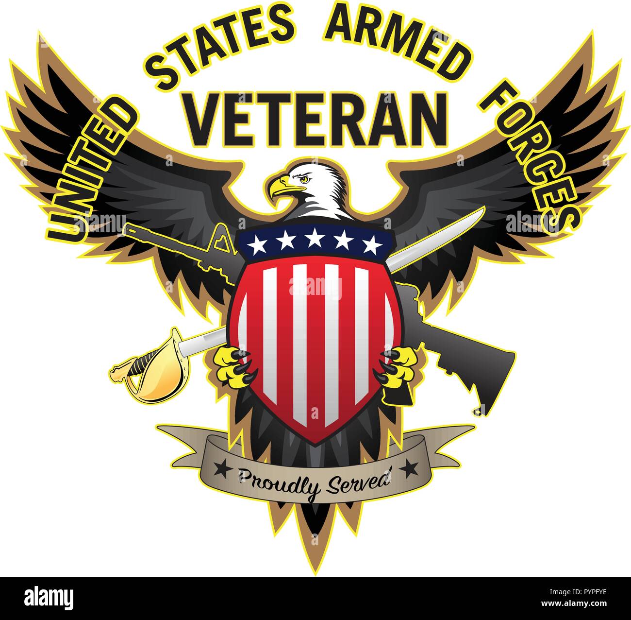 Le forze armate degli Stati Uniti hanno veterano orgogliosamente servito aquila calva illustrazione vettoriale Illustrazione Vettoriale