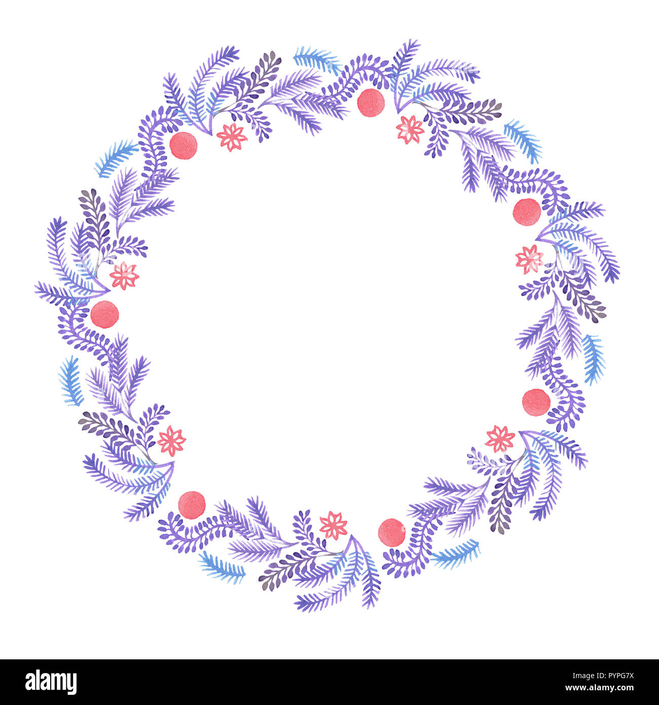 Fancy ghirlanda di Natale con le sfere decorative, pino rami di alberi e coni. acquerello disegnata a mano illustrazione Foto Stock