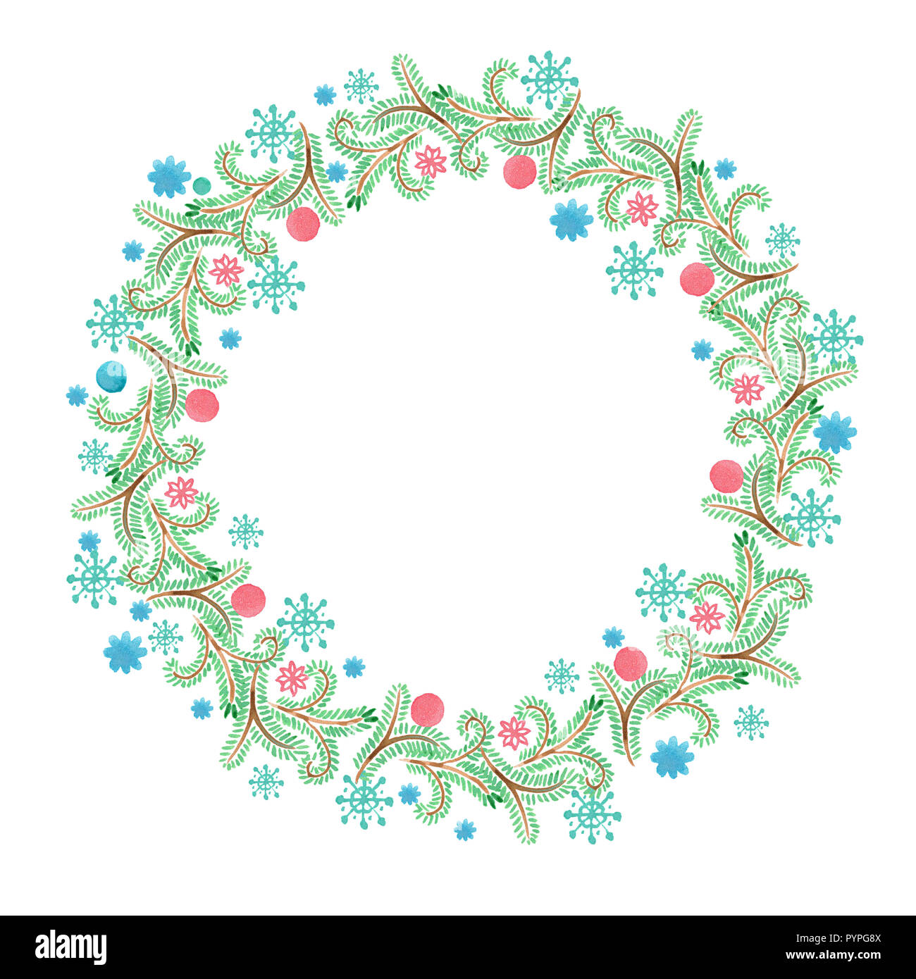 Fancy ghirlanda di Natale con le sfere decorative, pino rami di alberi e coni. acquerello disegnata a mano illustrazione. Foto Stock