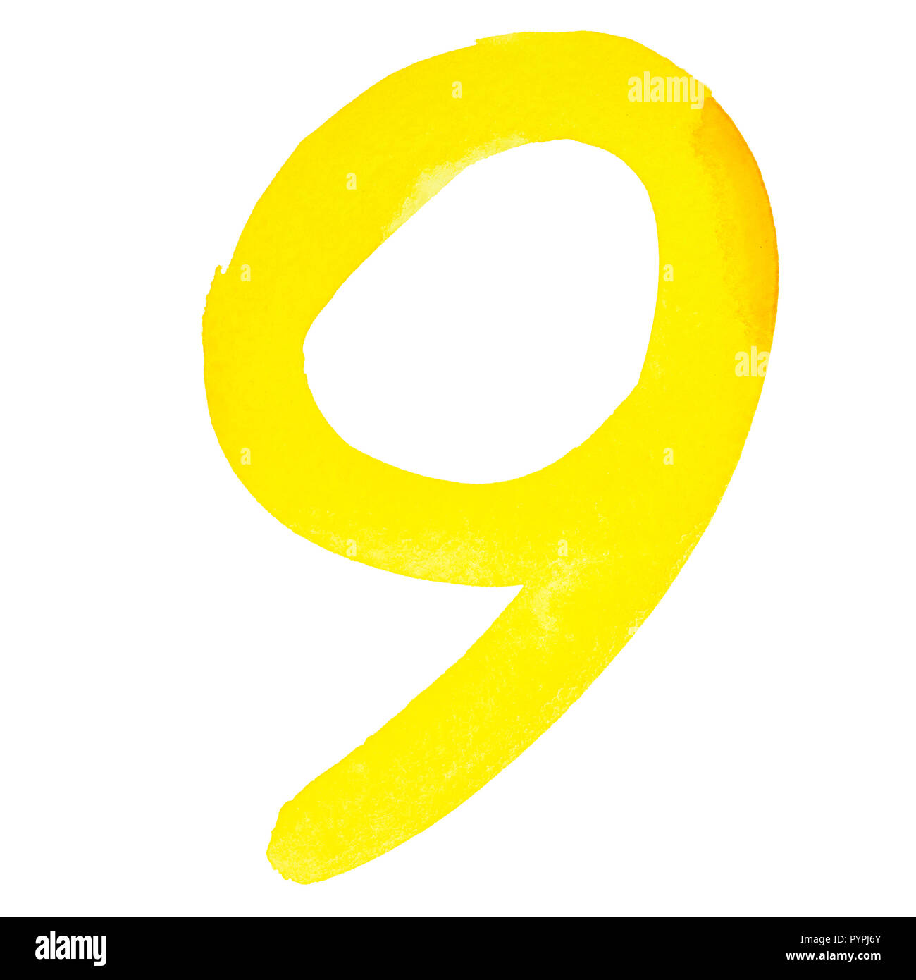 Nove - dipinta a mano gialla numeri ad acquerello Foto Stock