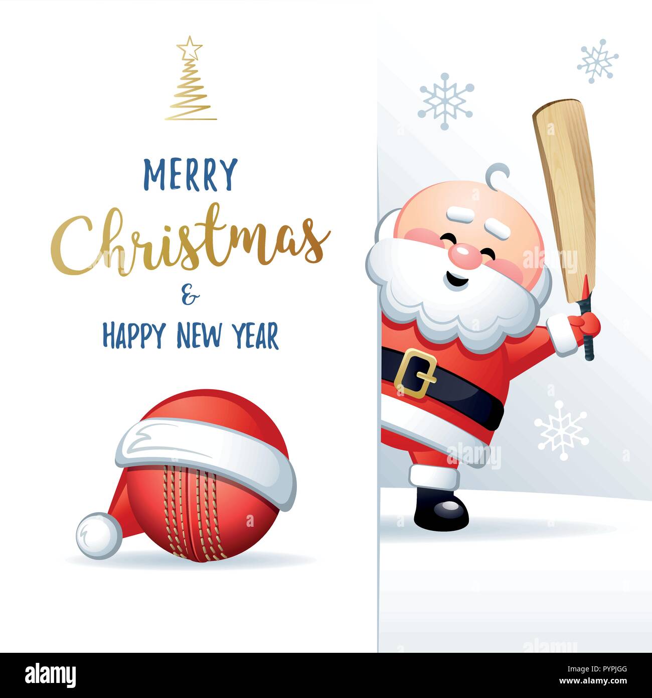 Buon Natale e Felice Anno Nuovo. Sport biglietto di auguri. Carino Babbo Natale con la sfera del cricket e Cricket bat. Illustrazione Vettoriale. Illustrazione Vettoriale