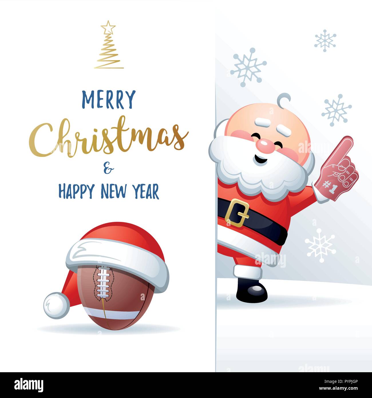 Buon Natale e Felice Anno Nuovo. Sport biglietto di auguri. Carino Babbo Natale con il calcio, il Rugby palla e schiuma di mano. Illustrazione Vettoriale. Illustrazione Vettoriale