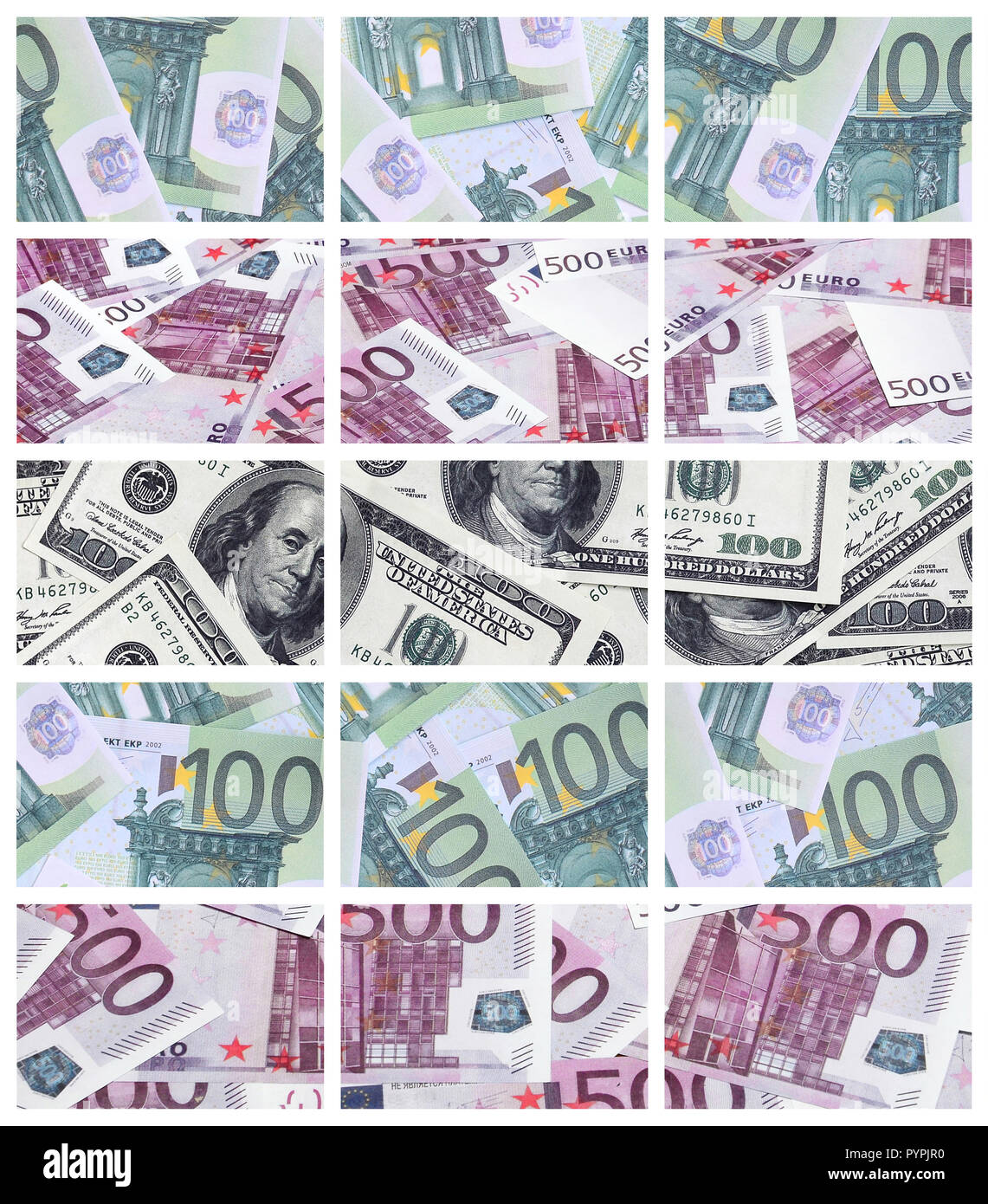Un collage di molte immagini delle banconote in tagli da 100 e 500 euro giacente nella memoria heap Foto Stock
