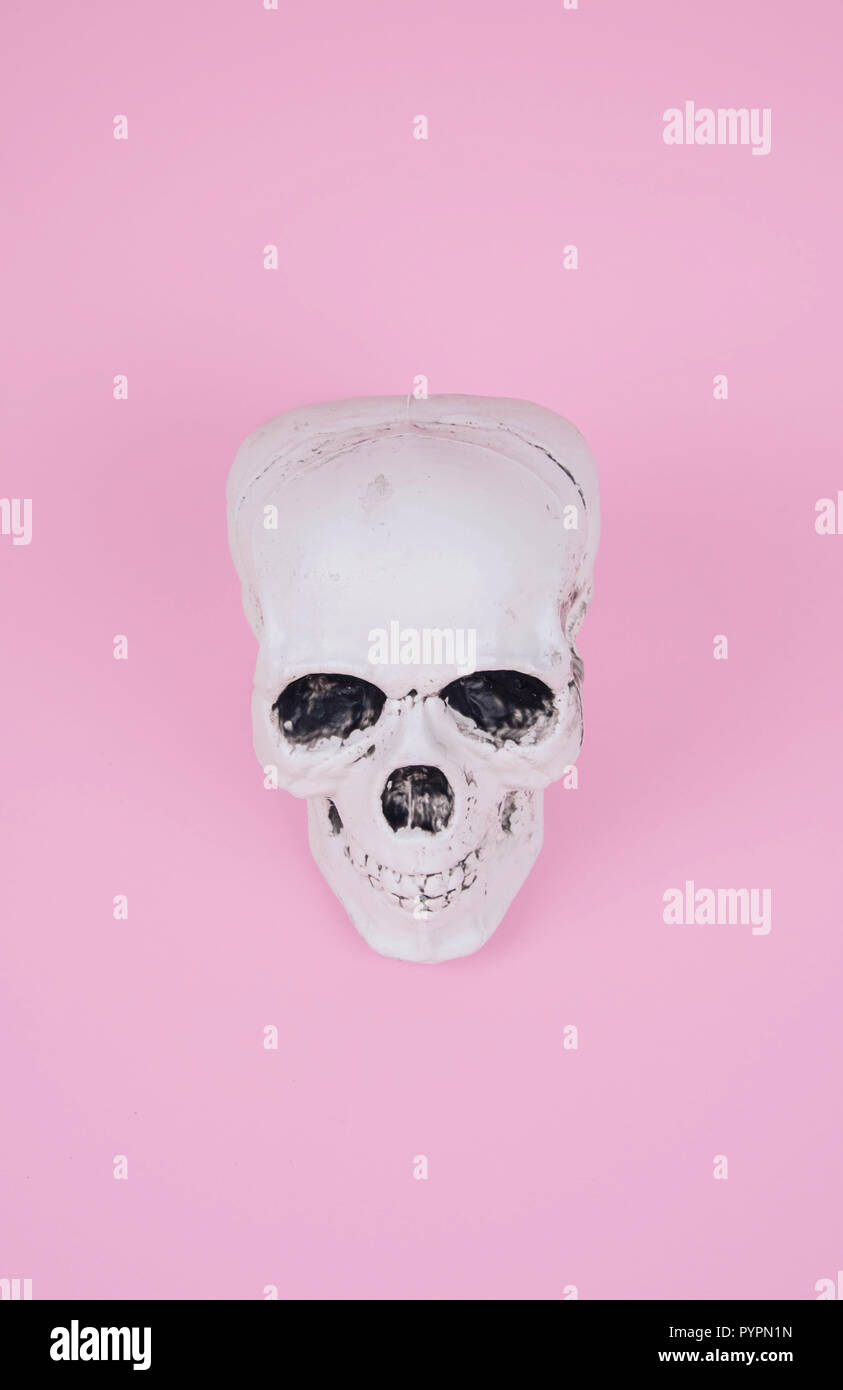Teschio sul trendy rosa pastello sfondo. Creative concetto di Halloween. Foto Stock