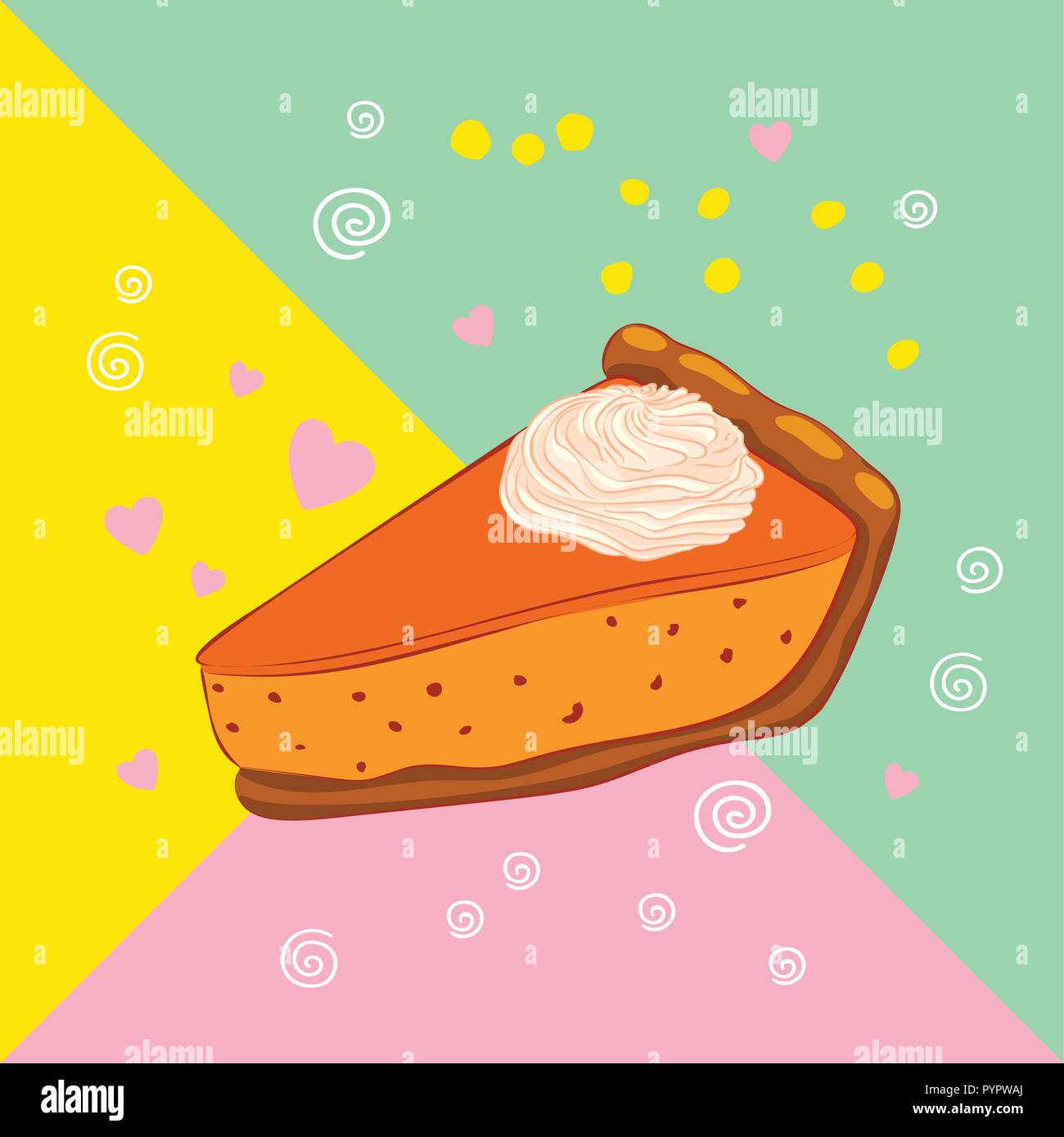 Il vettore grafico a torta di zucca con panna montata sullo sfondo multicolore. Dolce dessert autunnale Illustrazione Vettoriale