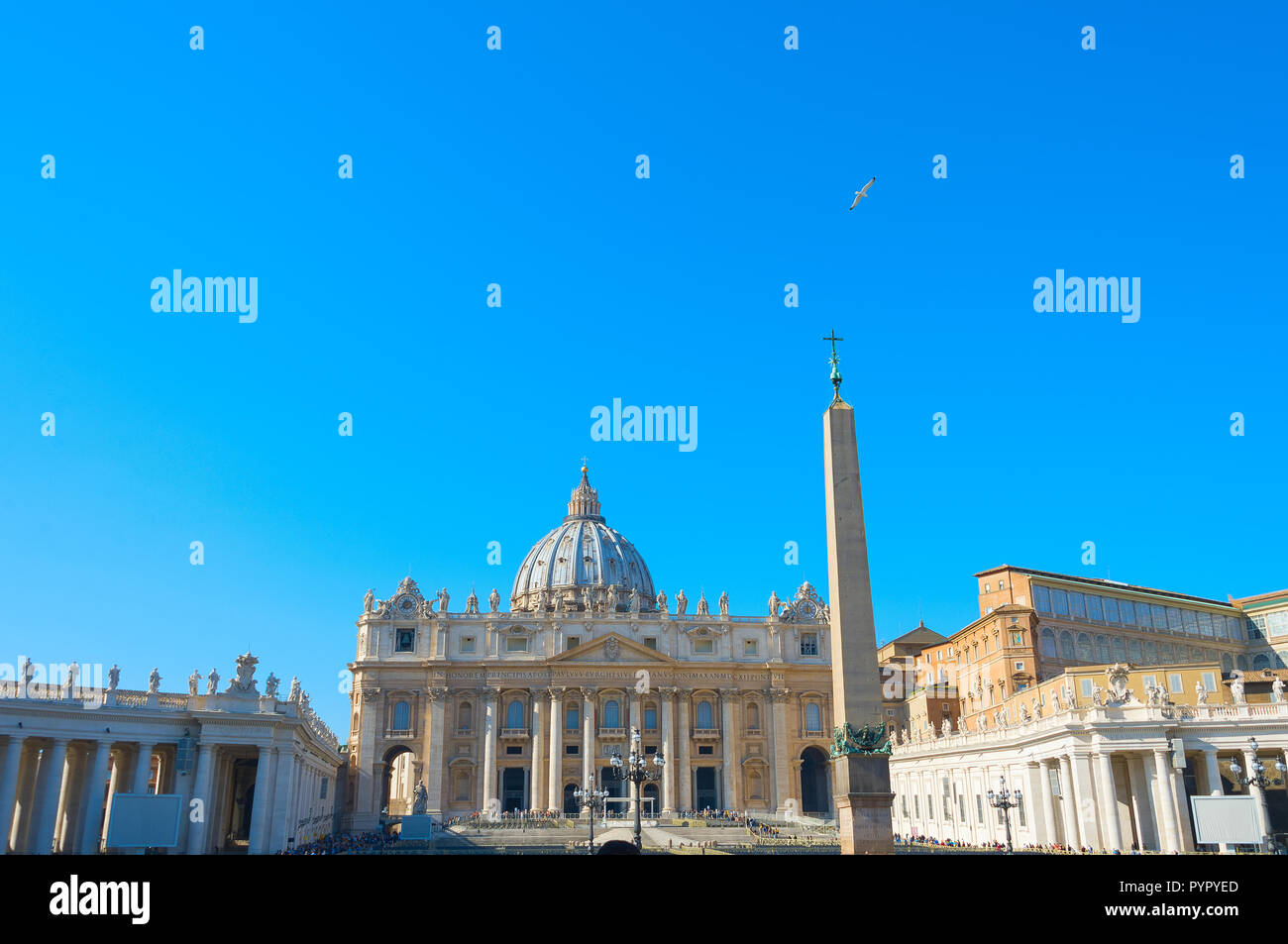 La basilica di San Pietro con il cielo limpido e uccelli in volo. Vaticano, Roma, Italia Foto Stock