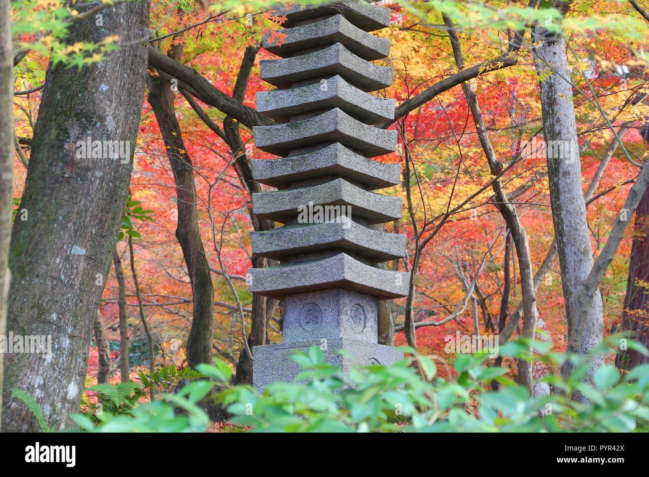 Kyoto, Giappone - Foglie di autunno e pietra pagoda monumento di Zenrinji Eikando tempio. Foto Stock