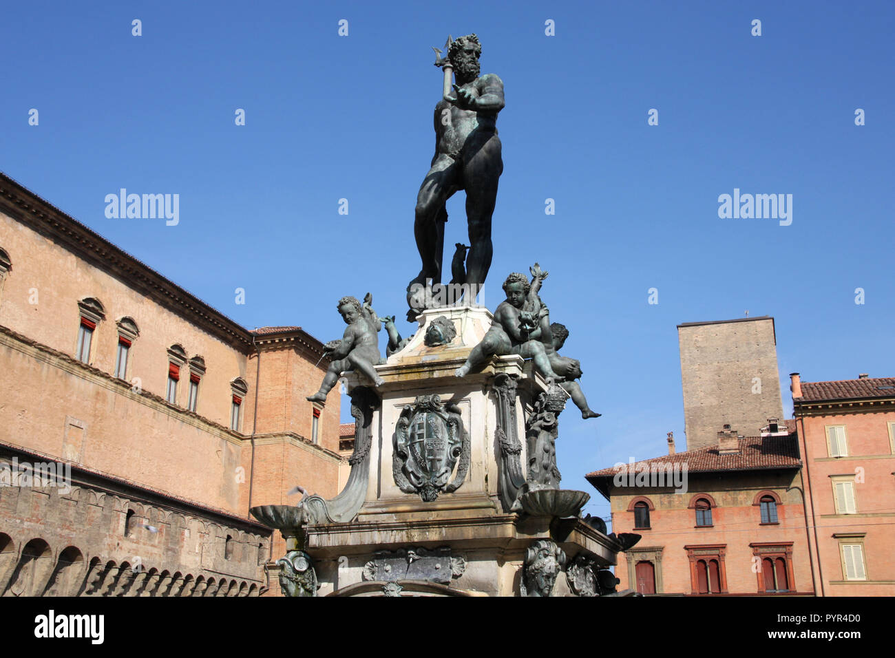 Fontana di Nettuno) di Bologna, Italia. In bronzo monumento manierista. Foto Stock