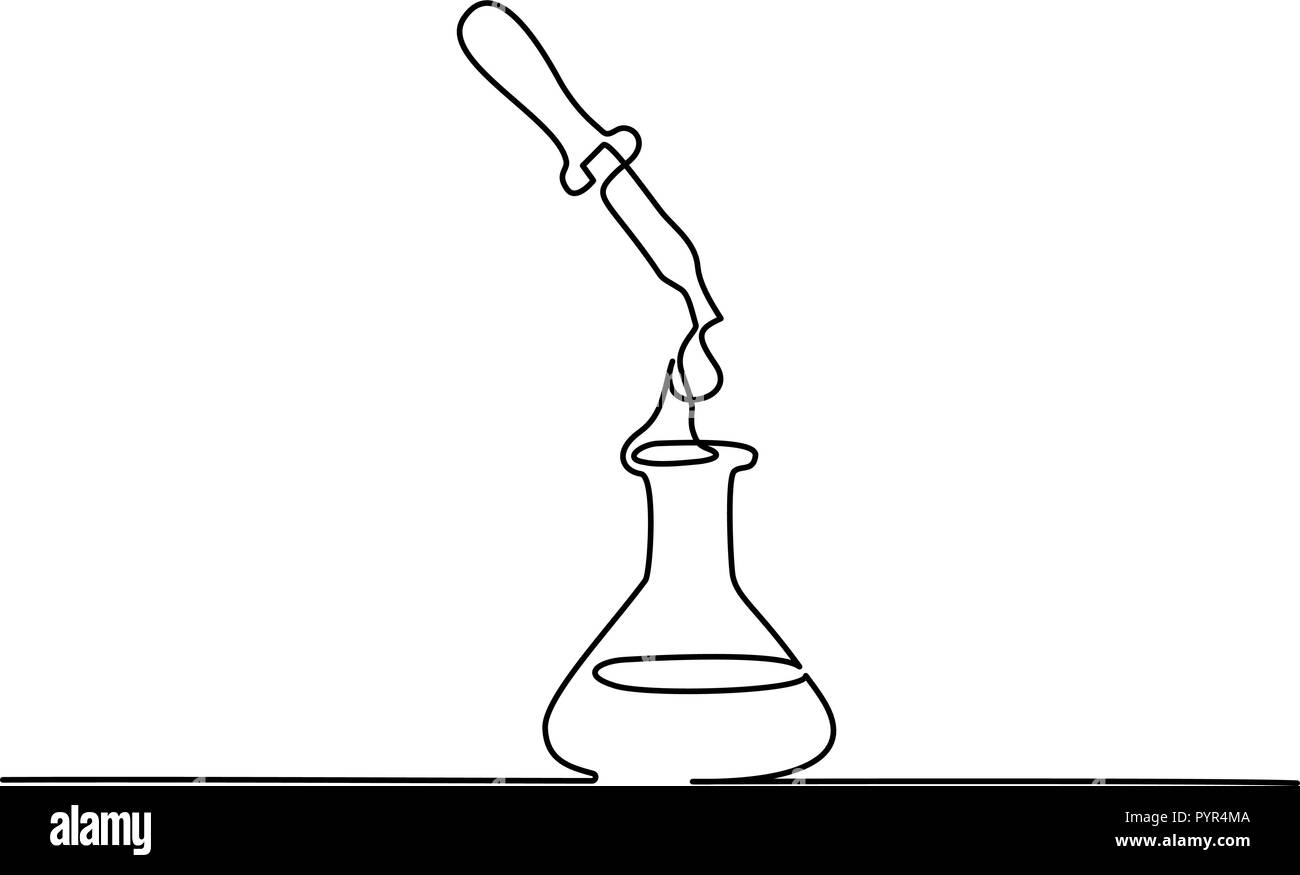 Continuo di un disegno della linea. Storta chimica con pipetta. Illustrazione Vettoriale Illustrazione Vettoriale
