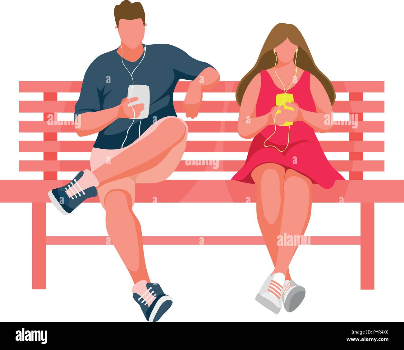 L uomo e la ragazza seduta sul banco di lavoro. L uomo e la donna l'ascolto di musica. Illustrazione Vettoriale Illustrazione Vettoriale