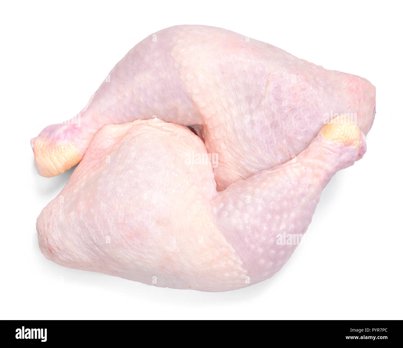 Crudo fresco di carne di pollo, isolato su sfondo bianco. Pollo cosce di pollo disossate o gambe, vista dall'alto. Foto Stock