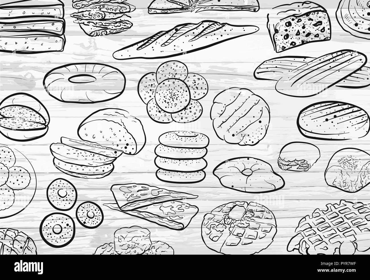 Disegnata a mano il pane scarabocchi pattern. Vettore illustrazione di cibo. Illustrazione Vettoriale