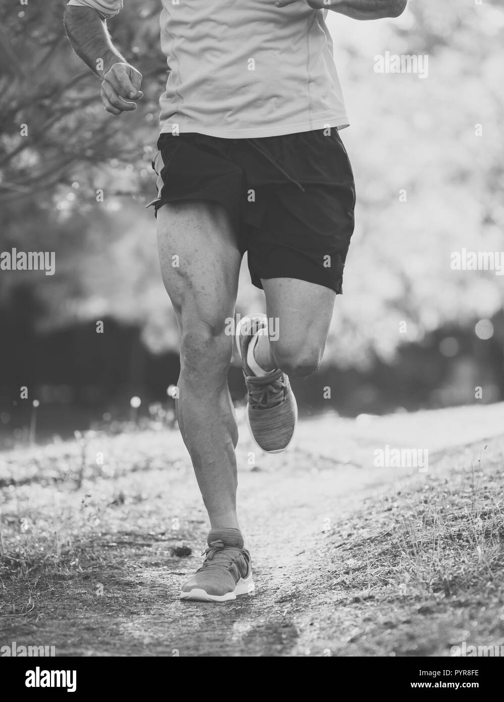 Sport giovane uomo che corre sulla campagna nel cross country allenamento estivo al tramonto con dure effetto luce solare in autunno bello e mite foresta del parco trail i Foto Stock