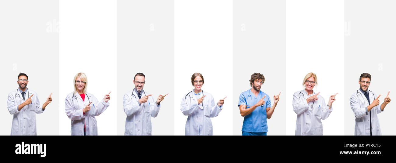 Collage di professionisti medici su strisce di sfondo isolato sorridente e guardando la fotocamera con le due mani e le dita per lato. Foto Stock