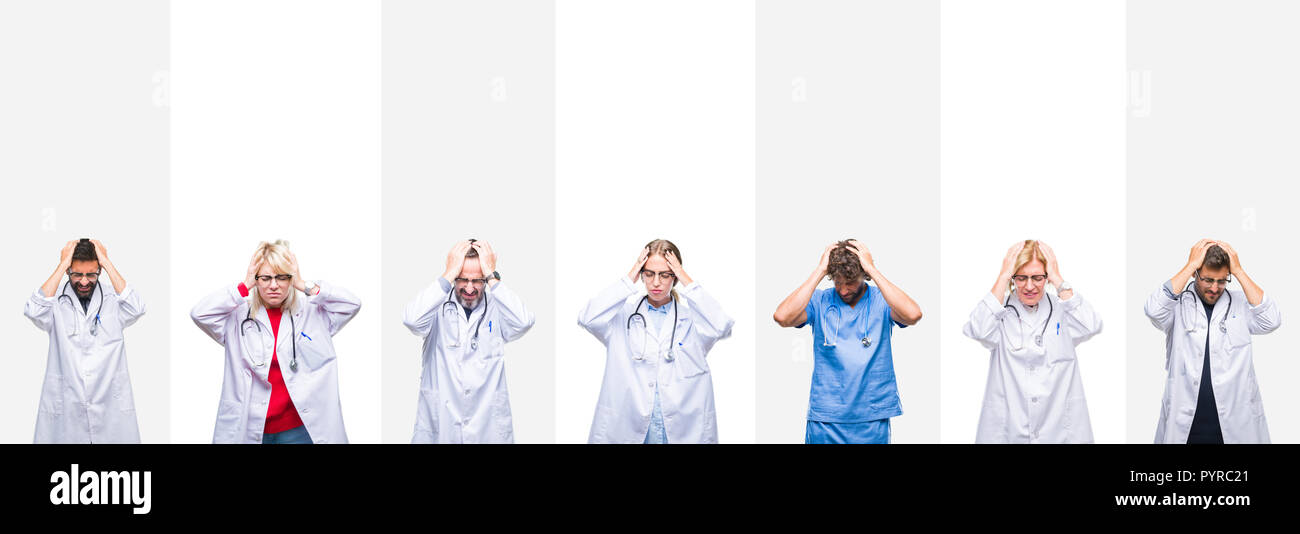 Collage di professionisti medici su strisce di sfondo isolato che soffrono di mal di testa disperato e ha sottolineato perché il dolore e l'emicrania. Le mani su di lui Foto Stock