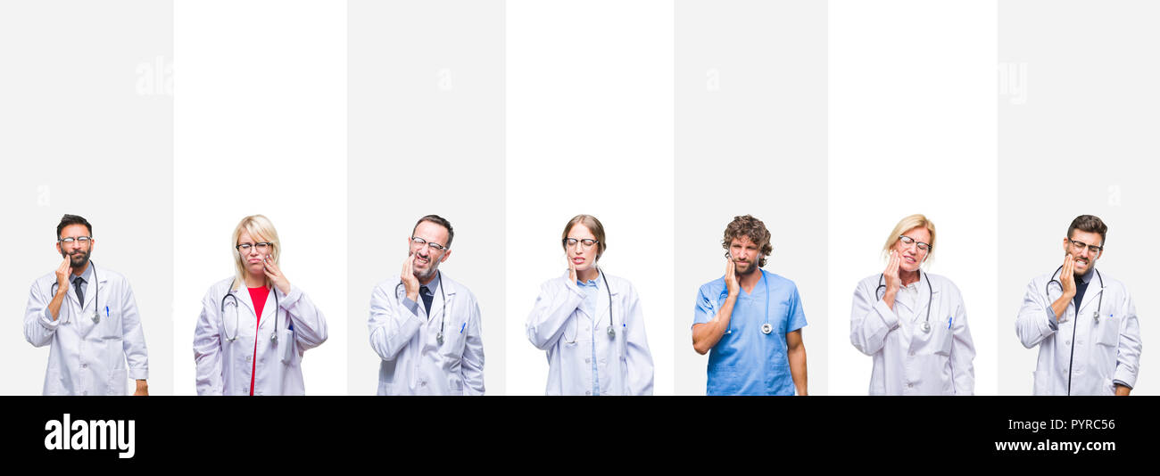 Collage di professionisti medici su strisce di sfondo isolato di toccare la bocca con la mano con espressione dolorosa a causa di mal di denti o illne dentale Foto Stock
