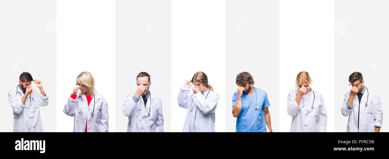 Collage di professionisti medici su strisce di sfondo isolato stanco strofinando il naso e gli occhi sensazione di stanchezza e mal di testa. Stress e frustrazione conc Foto Stock