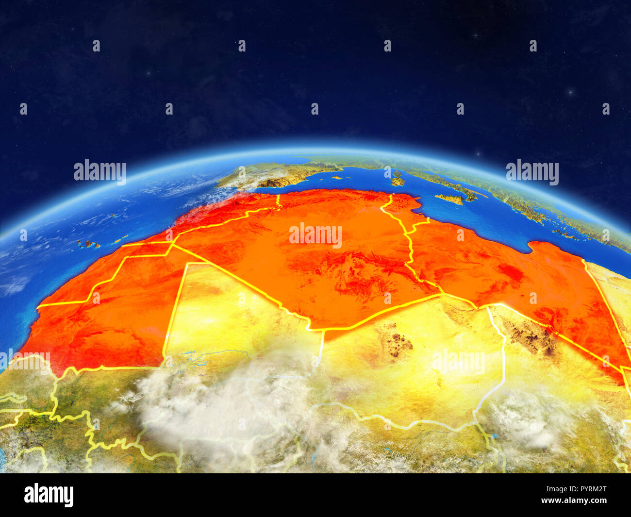 Regione del Maghreb sul pianeta terra con i confini e molto dettagliate pianeta superficie e nuvole. 3D'illustrazione. Gli elementi di questa immagine arredato b Foto Stock