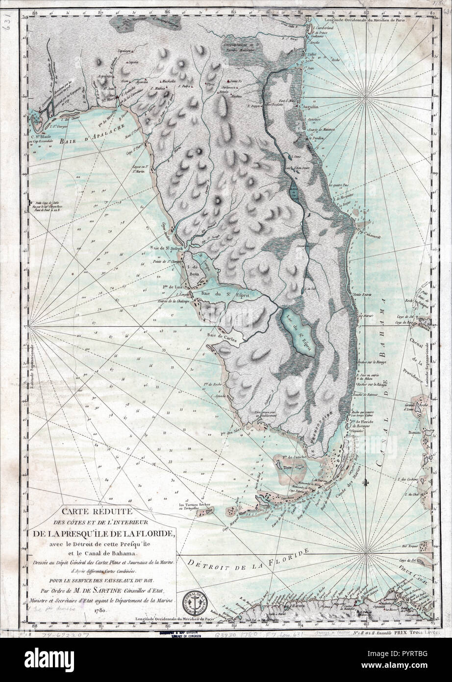Vintage / Mappe Mappe di antiquariato - Florida Mappa ca. 1780 - sollievo mostrato da hachures. Profondità mostrata da punti di scandaglio. Foto Stock