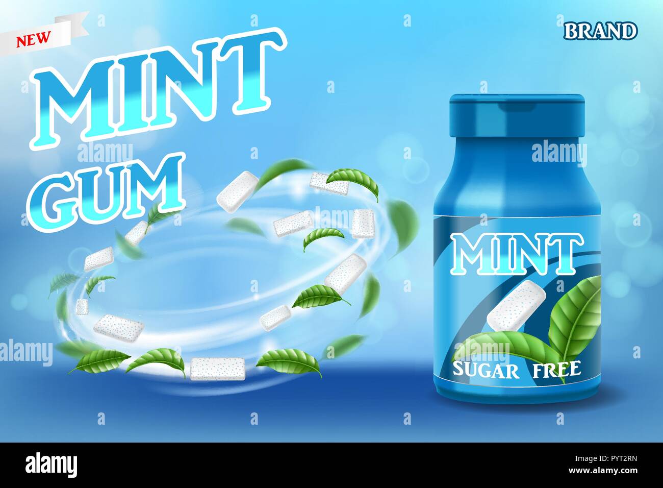 Realistico mint gum poster annunci gratuiti per il tuo design. Pacchetto di gomma prodotto con foglie di menta. Vettore 3d illustrazione Illustrazione Vettoriale