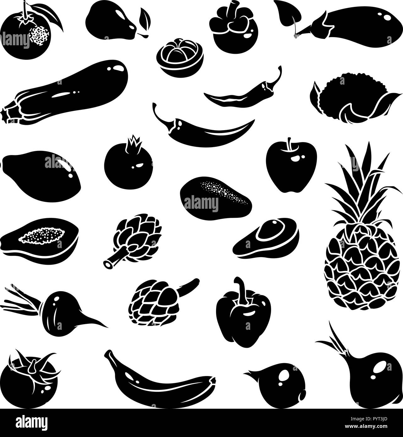 Icone di frutta e verdura: mangosteen, pepe, peperoncino, pera, banana, avocado, arancio, melograno, zucchine, papaia, Carciofo, mela, ananas, Illustrazione Vettoriale