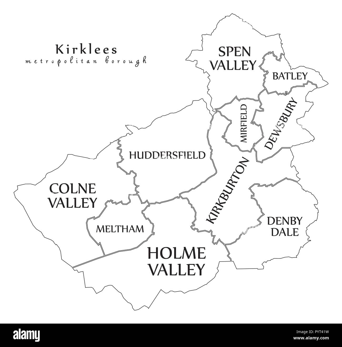 Città moderna mappa - Kirklees Metropolitan Borough di Inghilterra con aree e titoli del Regno Unito mappa di contorno Illustrazione Vettoriale