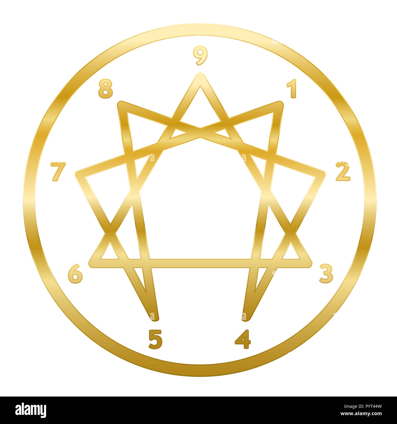 Golden Enneagramma della personalità. Segno, il logo, il pittogramma con nove numeri, anello e strutturato tipica figura. Rainbow gradiente illustrazione colorata. Foto Stock