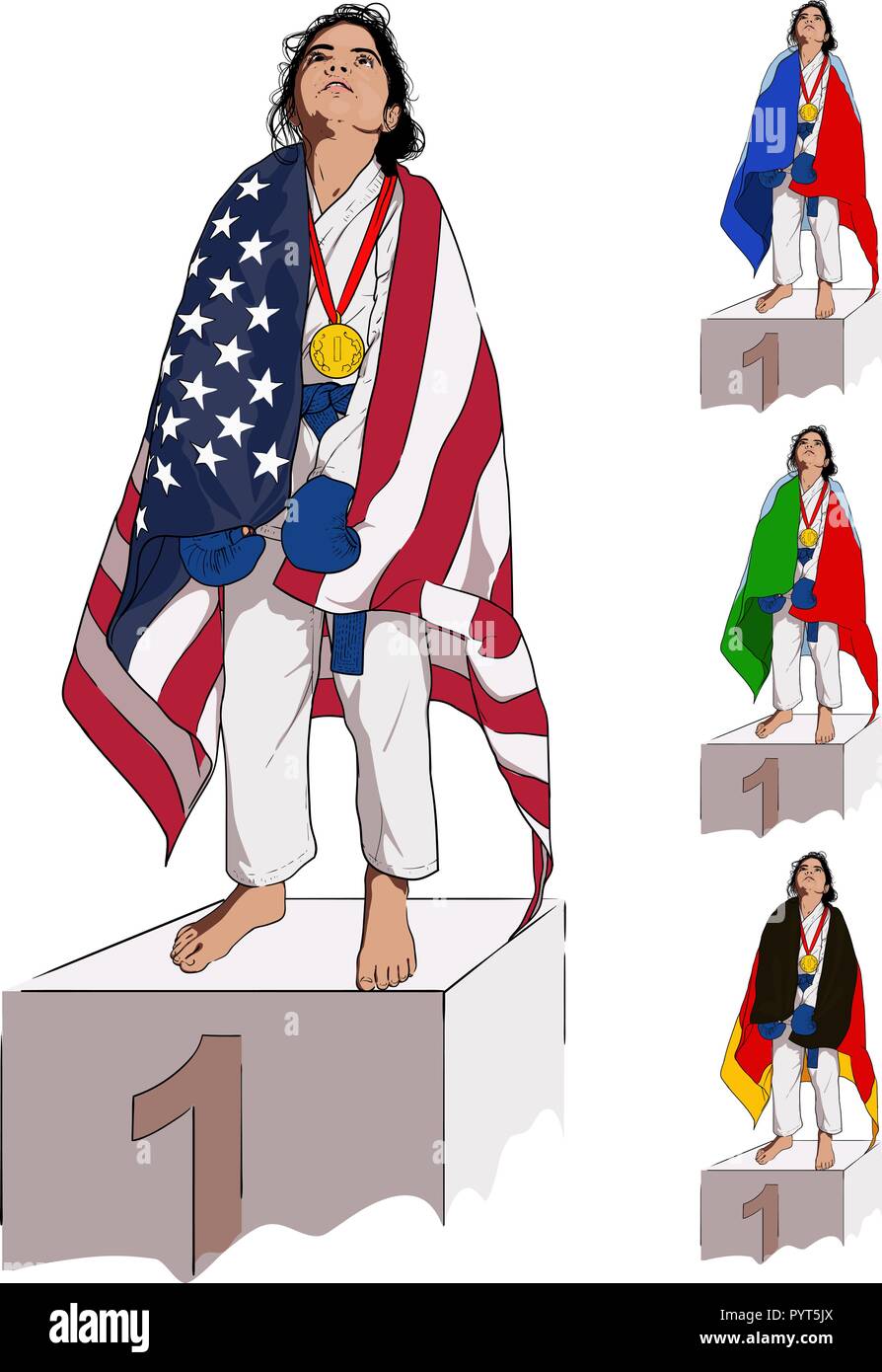 Una ragazzina in un kimono sorge in primo luogo su un piedistallo, avvolgendo le spalle in una bandiera statunitense. E alcune immagini bonus con le bandiere di altri coun Illustrazione Vettoriale