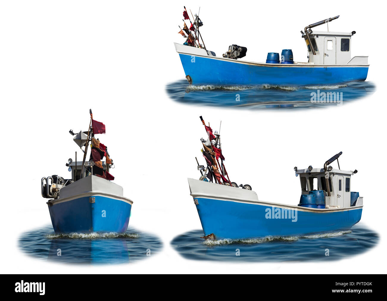 Mar Baltico.La barca con il blu custodia in plastica e la cabina di bianco. Tre wiews. Foto isolate. Il sito di pescatori, cantieristica navale, industria, romance. Foto Stock