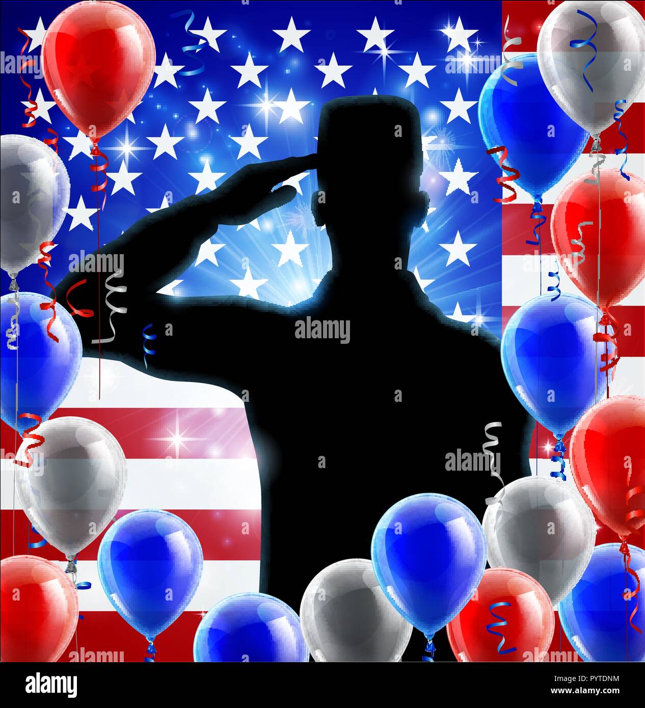 Salutando soldato della bandiera americana Design a palloncino Illustrazione Vettoriale