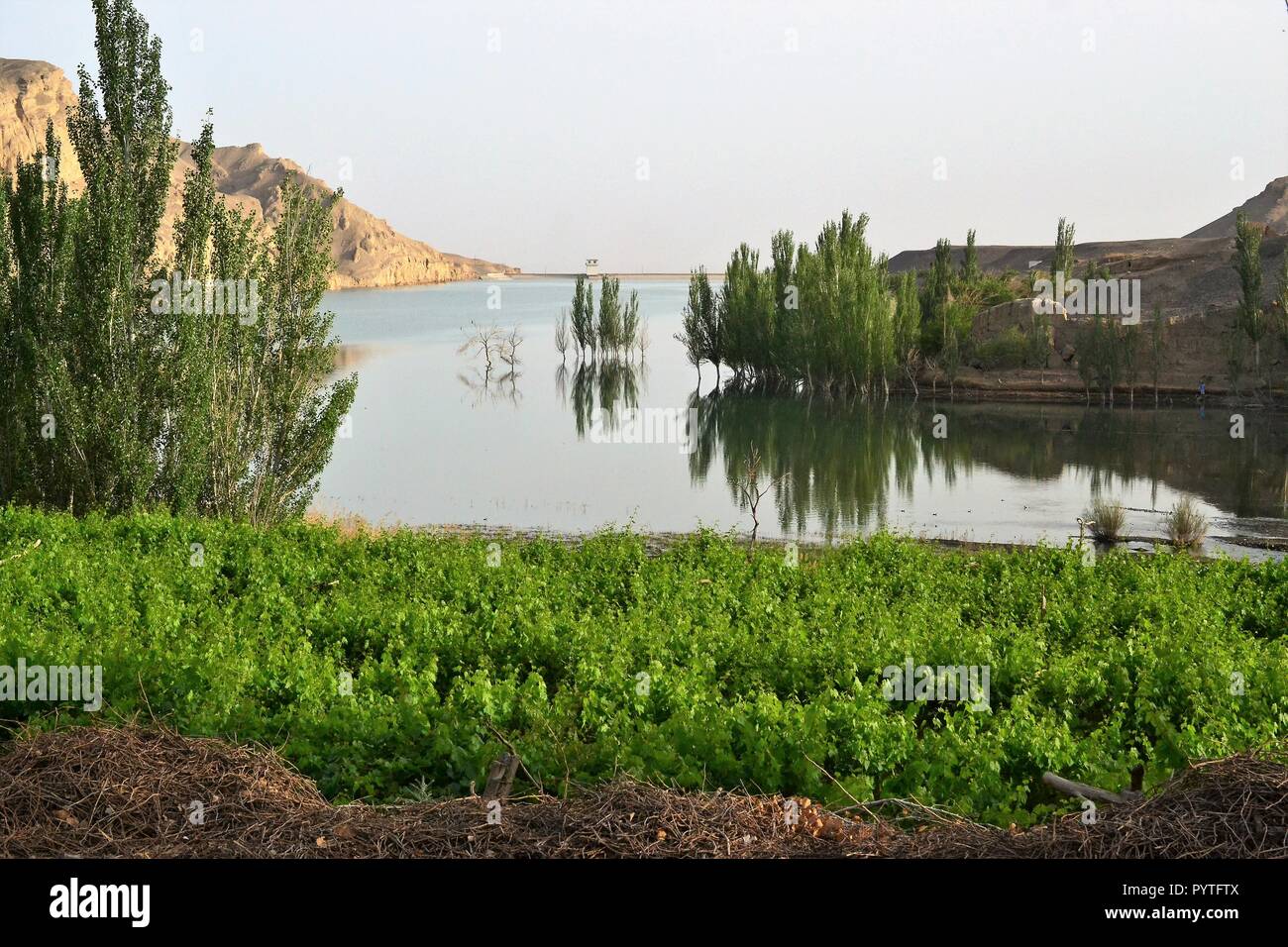 Lago all'ingresso delle rovine Jiaohe paesaggio. 10 km a ovest della città di Turpan nello Xinjiang Uyghur Regione autonoma. Foto Stock
