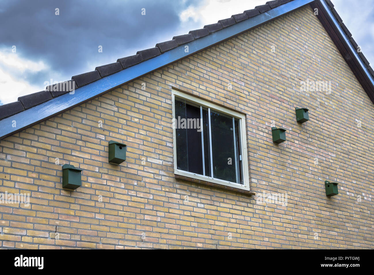 Bird house Nesting scatole per casa passero (passer domesticus) sulla facciata di edificio in ambiente urbano per promuovere la città di ecologia Foto Stock