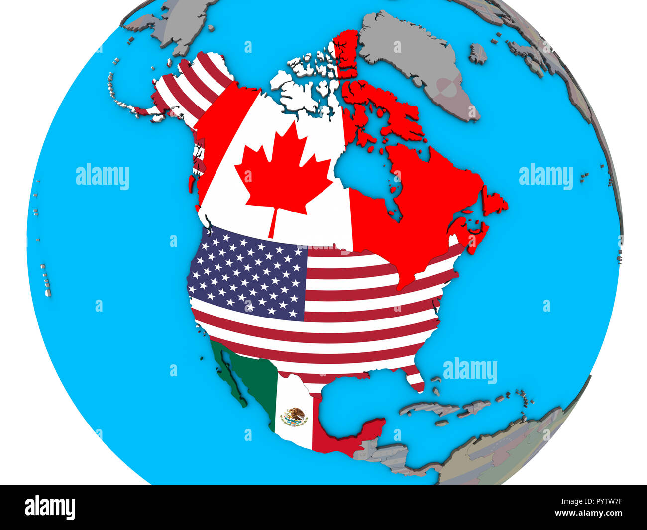 Il NAFTA memeber membri con embedded bandiere nazionali sulla politica blu globo 3D. 3D'illustrazione. Foto Stock