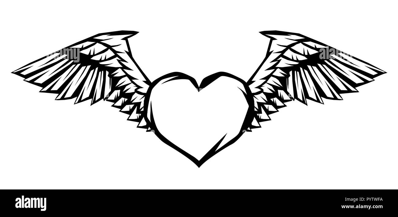 Cuore con le ali per tattoo design o emblema. Illustrazione Vettoriale