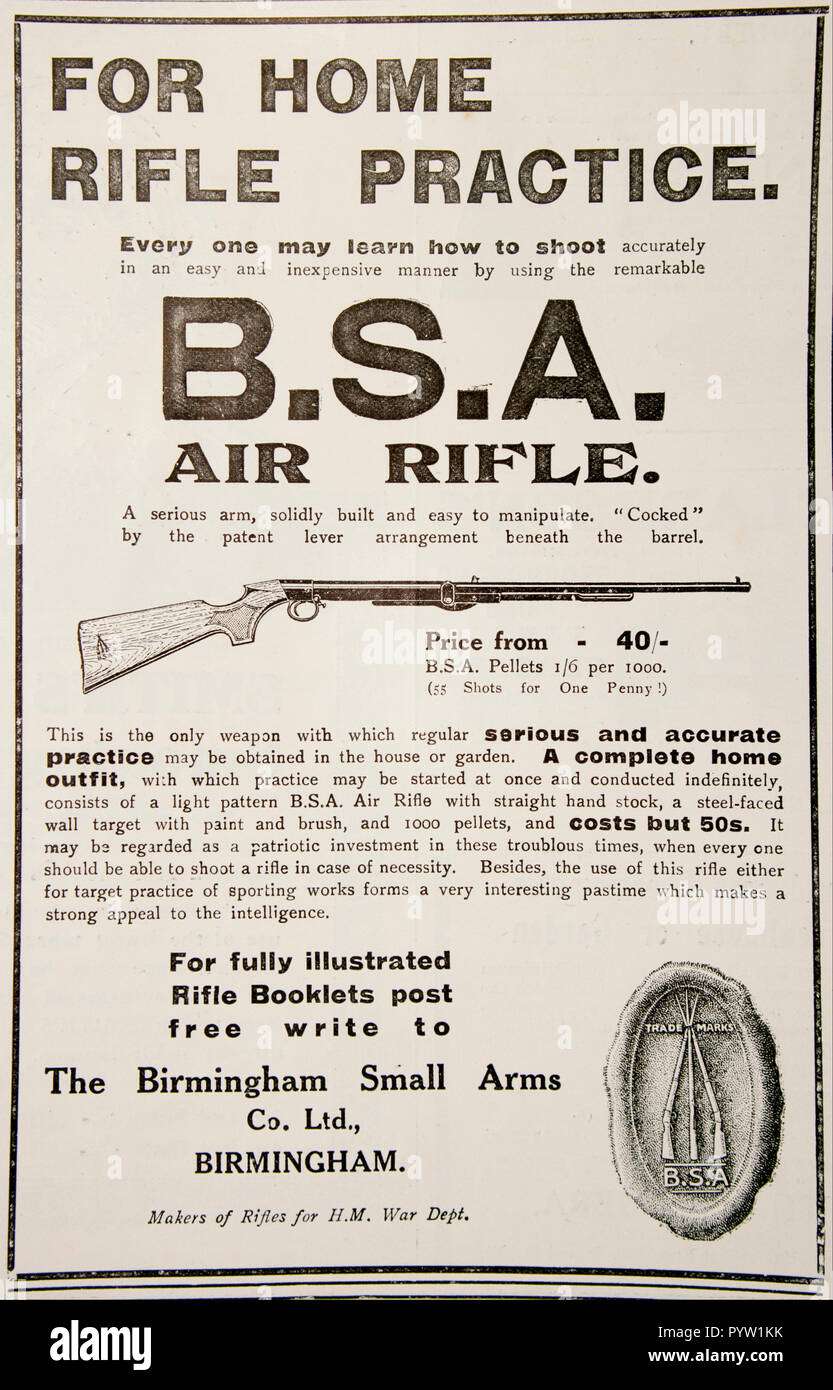 Un vecchio annuncio per BSA Fucili ad aria compressa. Da una rivista  britannica durante il periodo 1914-1918. Inghilterra REGNO UNITO GB Foto  stock - Alamy