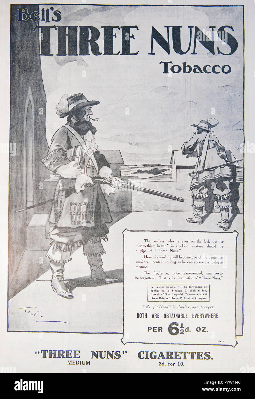 Un vecchio annuncio pubblicitario per la campana di tre monache del tabacco. Da una rivista britannica durante il periodo 1914-1918. Inghilterra REGNO UNITO GB Foto Stock