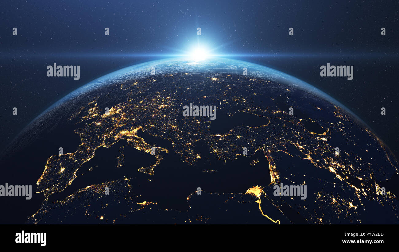 Alba sopra l'Europa nello spazio esterno Foto Stock