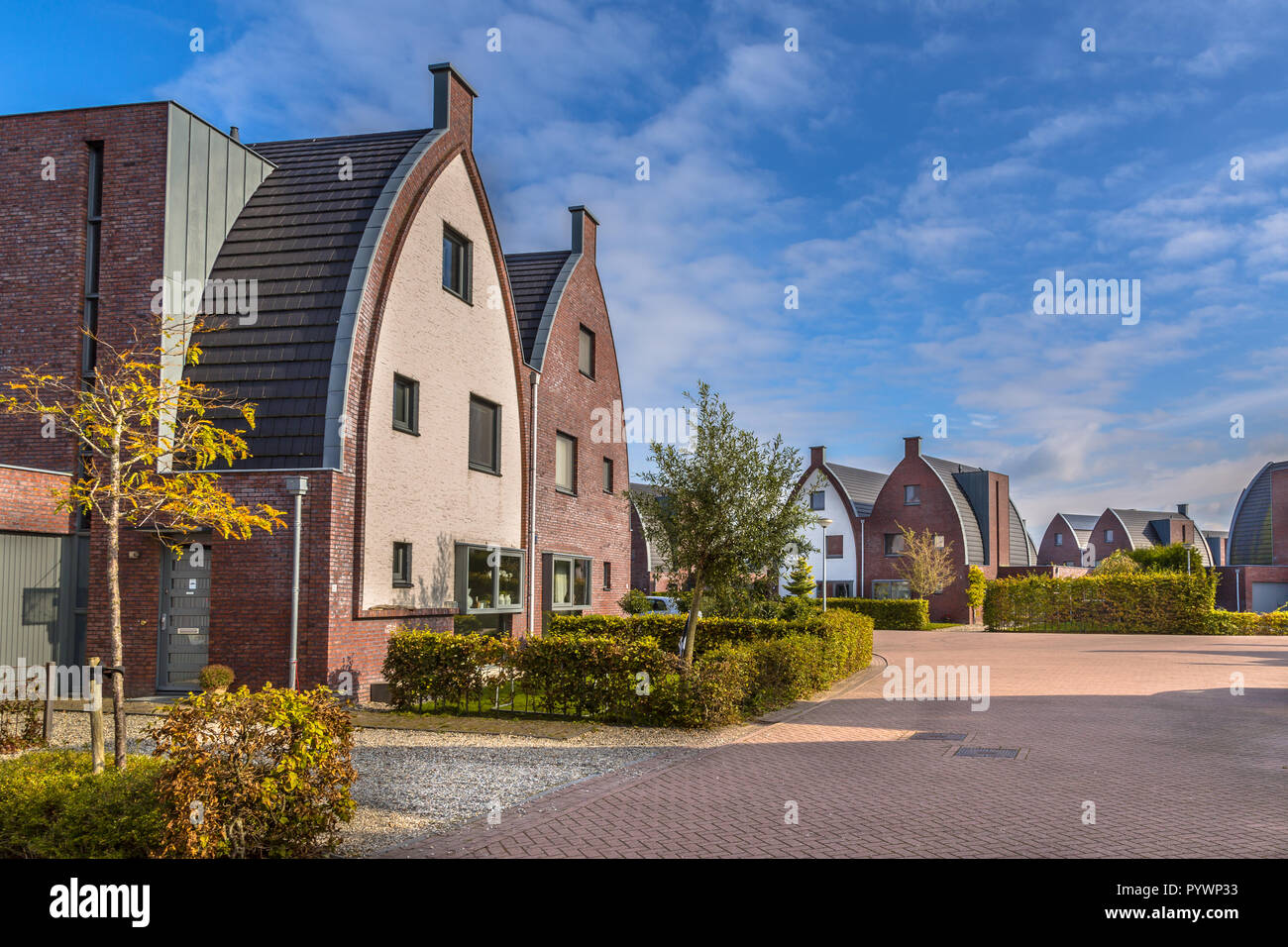 Impressionante suburbana case di famiglia in un bambino-friendly neighborhood con alberi e parco giochi Foto Stock