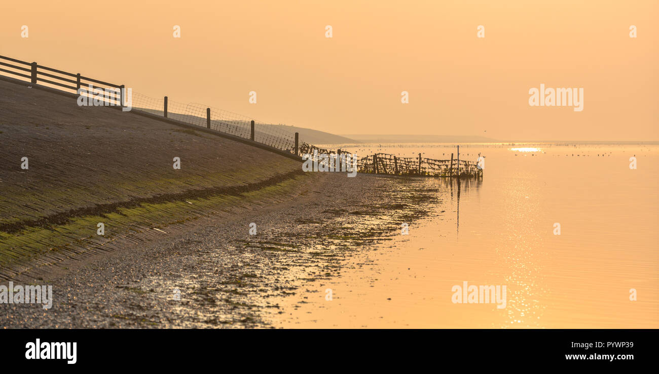 Delta Mare opere diga del Waddensea in fumo arancione intorno al tramonto in Frisia, Paesi Bassi Foto Stock