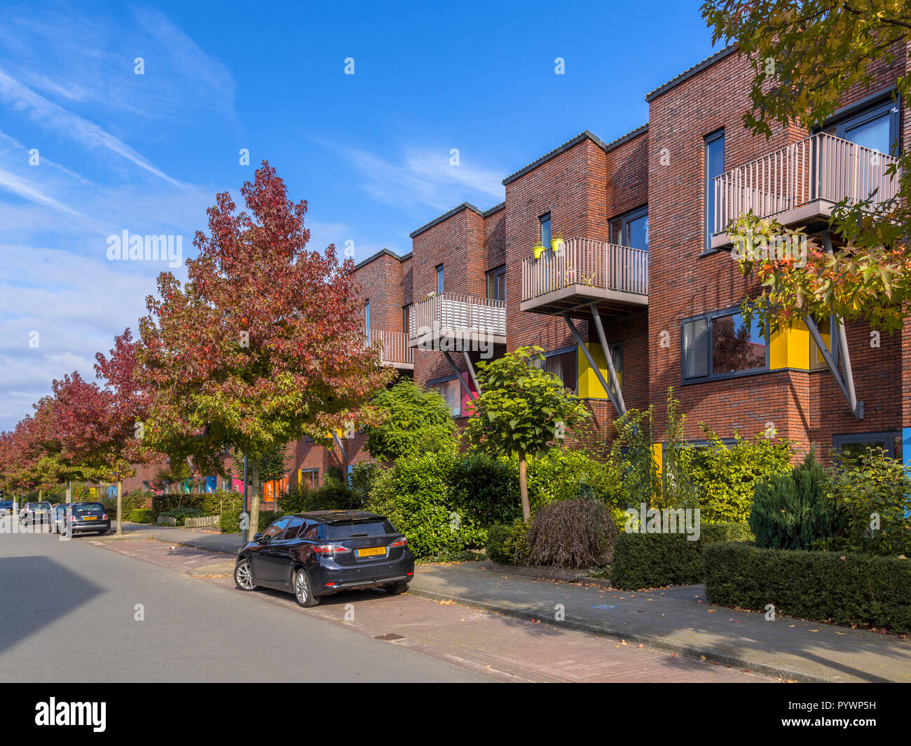 Moderno e colorato della famiglia suburbana di case a schiera in una zona suburbana con alberi e giardini Foto Stock