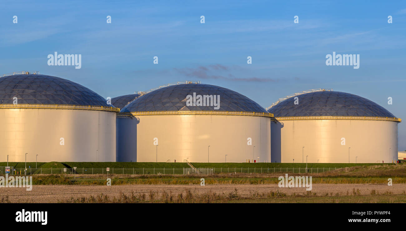 Moderno olio di grandi serbatoi di stoccaggio in un area portuale al tramonto con il cielo blu nei Paesi Bassi Foto Stock