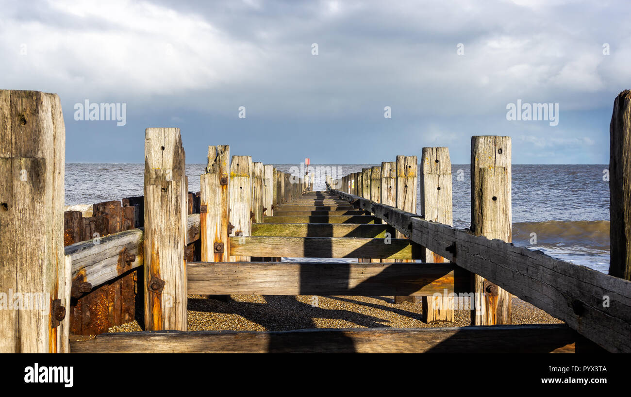 Fatiscente groyne in legno con due linee di posti di legno retrocedendo in mare Foto Stock