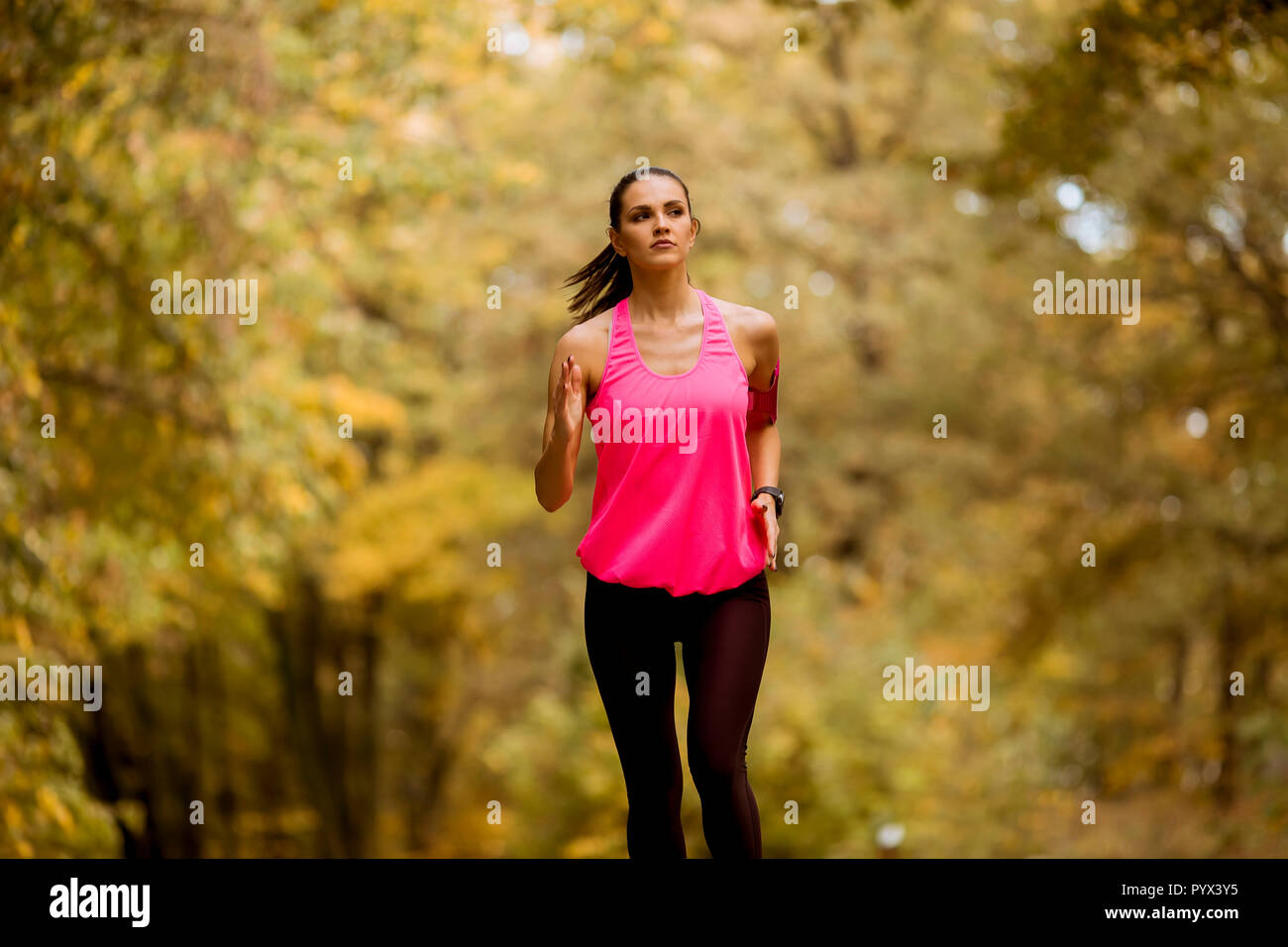 Giovane donna fitness acceso al sentiero forestale in autunno Foto Stock