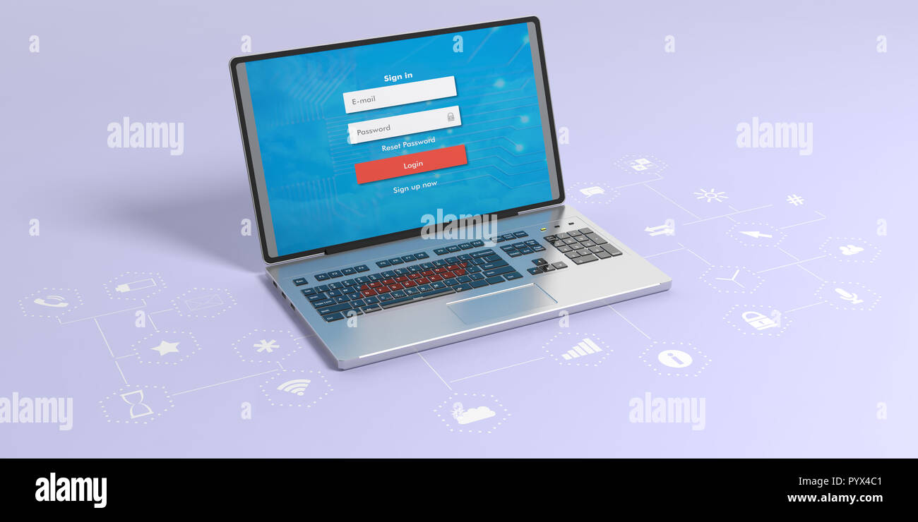 Computer portatile con schermo di login su sfondo blu con le icone delle app. 3d illustrazione Foto Stock