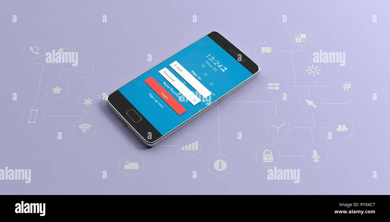 Telefono cellulare, smartphone con schermo di login su sfondo blu con le icone delle app. 3d illustrazione Foto Stock