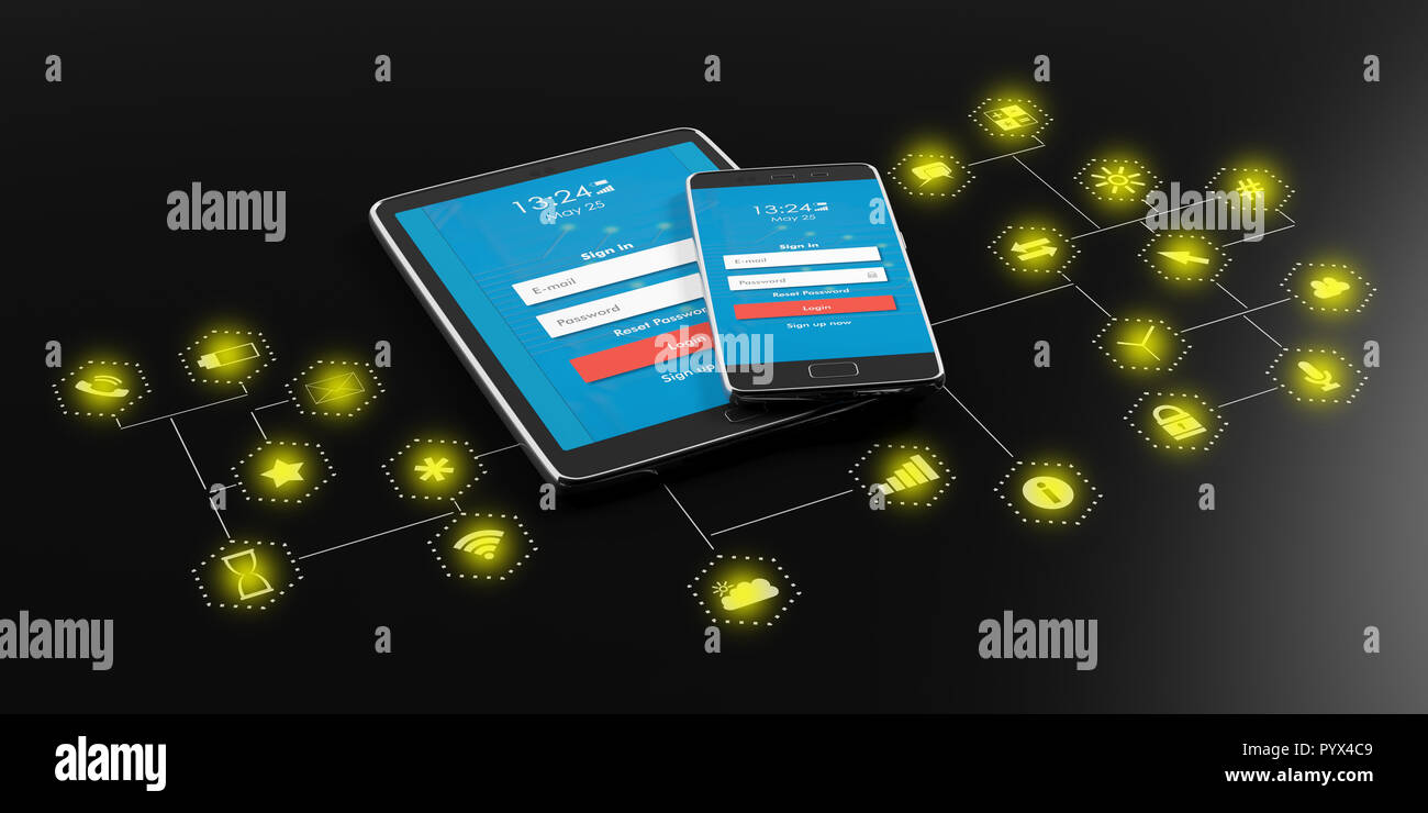 Il telefono cellulare e il PC tablet con schermate di accesso su sfondo nero con le icone delle app. 3d illustrazione Foto Stock