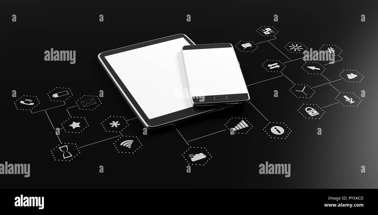 Smartphone e tablet con schermi in bianco su sfondo nero con le icone delle app, copia dello spazio. 3d illustrazione Foto Stock